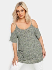 Yours Curve Green YOURS Curve Pink Tropical Print Cold Shoulder Top - Image 1 of 5
