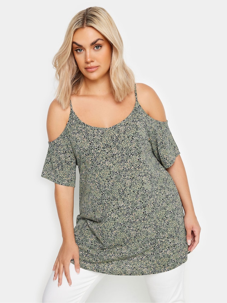 Yours Curve Green YOURS Curve Pink Tropical Print Cold Shoulder Top - Image 1 of 5