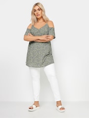 Yours Curve Green YOURS Curve Pink Tropical Print Cold Shoulder Top - Image 2 of 5