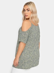 Yours Curve Green YOURS Curve Pink Tropical Print Cold Shoulder Top - Image 3 of 5