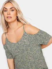 Yours Curve Green YOURS Curve Pink Tropical Print Cold Shoulder Top - Image 4 of 5