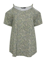 Yours Curve Green YOURS Curve Pink Tropical Print Cold Shoulder Top - Image 5 of 5