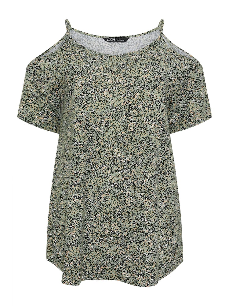 Yours Curve Green YOURS Curve Pink Tropical Print Cold Shoulder Top - Image 5 of 5