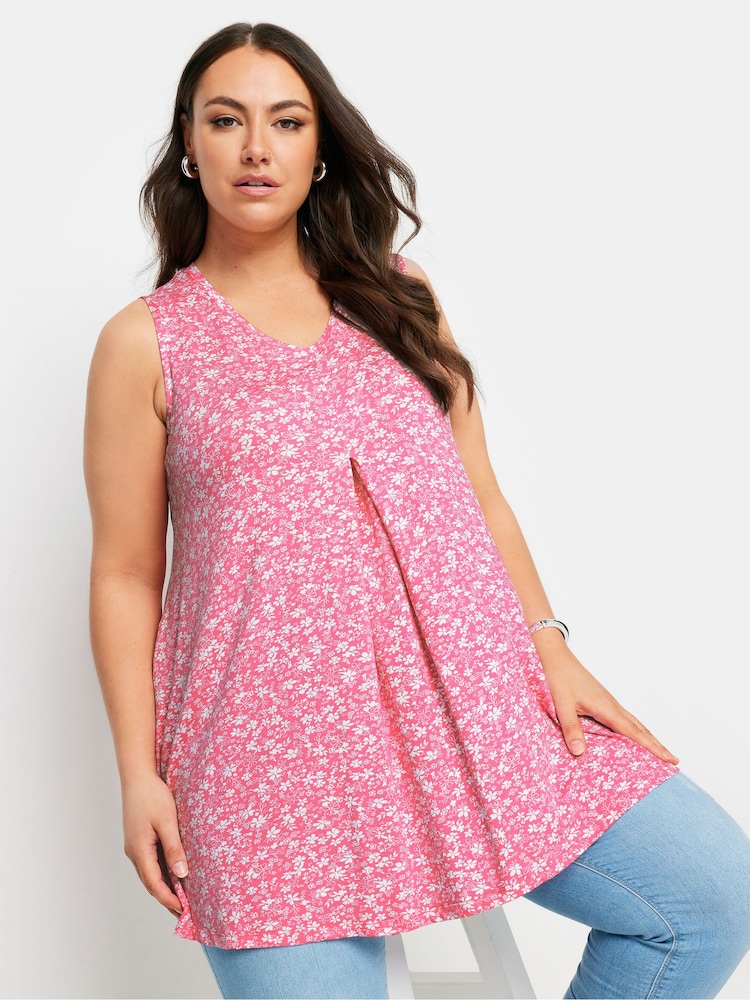 Yours Curve Red Abstract Floral Print Swing Vest Top - Image 1 of 6