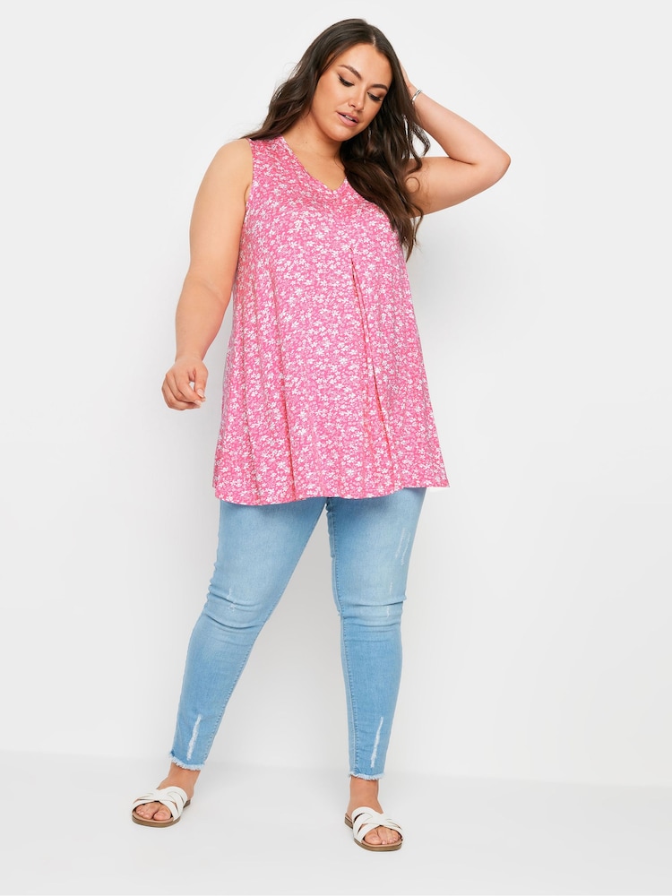 Yours Curve Red Abstract Floral Print Swing Vest Top - Image 2 of 6
