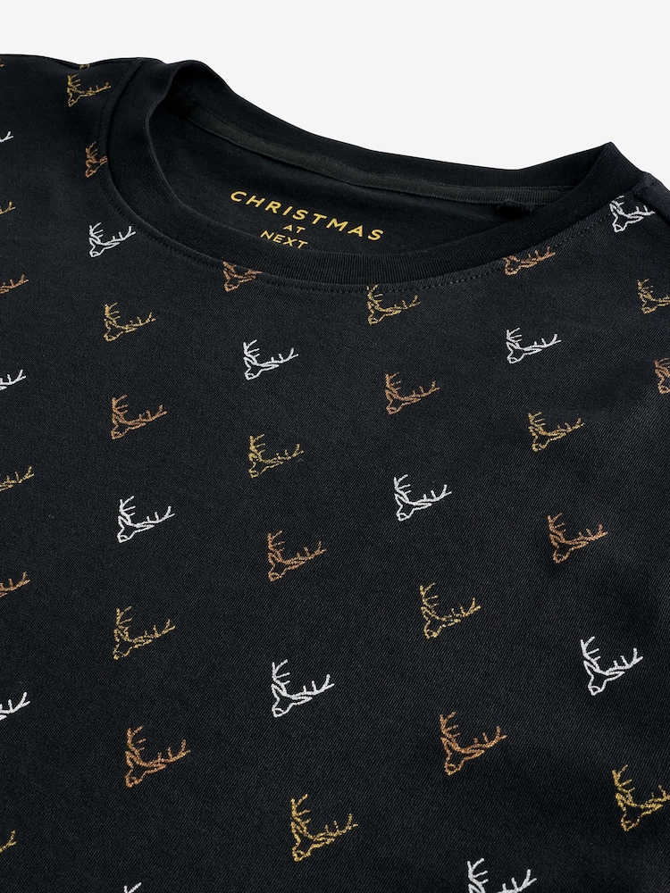 Black/Gold Reindeer Pattern Christmas 100% Cotton T-Shirt - Image 8 of 8