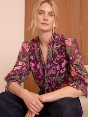 Love & Roses Floral Petite Printed V Neck Shirred Cuff Blouse - Image 1 of 4