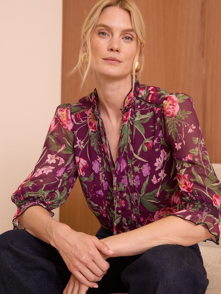 Love & Roses Floral Petite Printed V Neck Shirred Cuff Blouse - Image 1 of 4