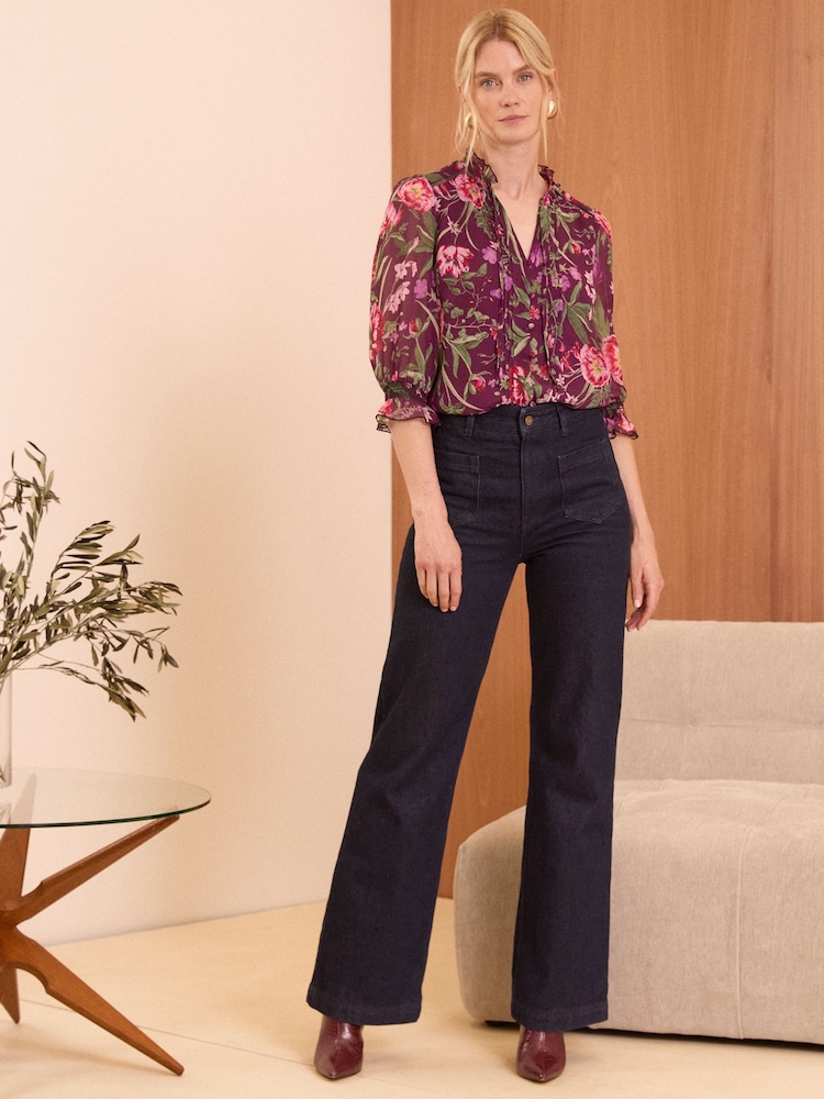 Love & Roses Floral Petite Printed V Neck Shirred Cuff Blouse - Image 4 of 4