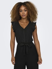 ONLY Black Broderie Top Frill Slevee Wide Leg Jumpsuit - Image 3 of 6