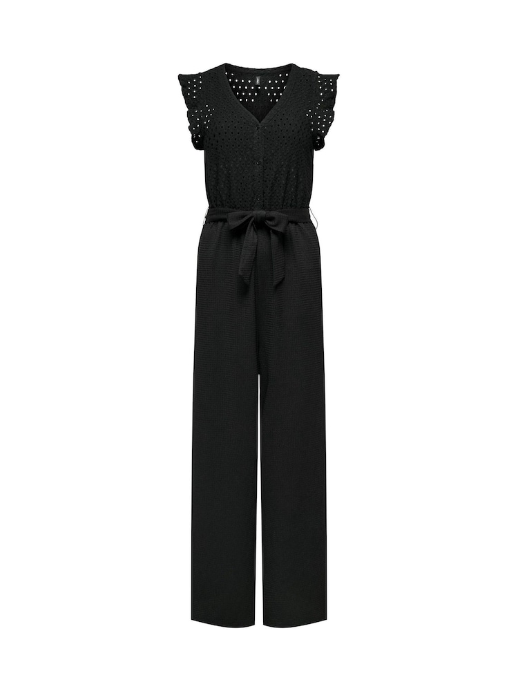 ONLY Black Broderie Top Frill Slevee Wide Leg Jumpsuit - Image 5 of 6