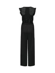 ONLY Black Broderie Top Frill Slevee Wide Leg Jumpsuit - Image 6 of 6