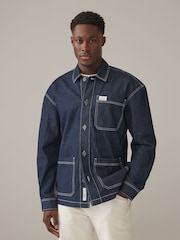 Dark Blue Denim 100% Cotton Chore Shacket Overshirt - Image 1 of 9