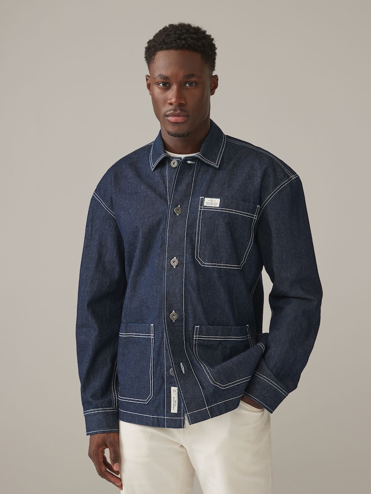 Dark Blue Denim 100% Cotton Chore Shacket Overshirt - Image 1 of 9