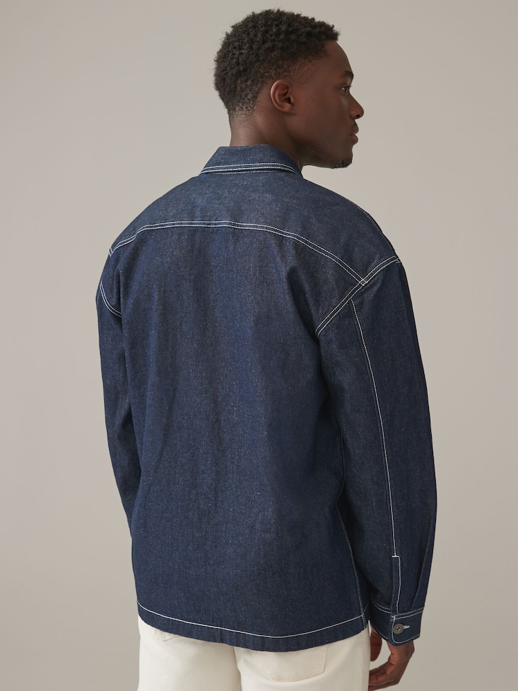Dark Blue Denim 100% Cotton Chore Shacket Overshirt - Image 3 of 9