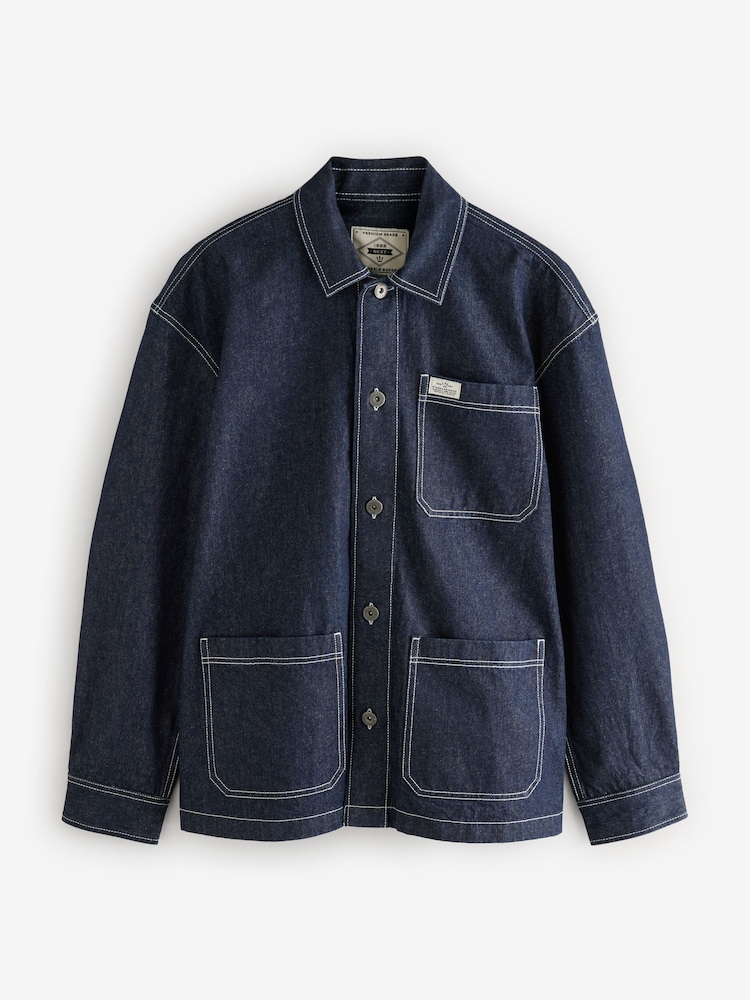 Dark Blue Denim 100% Cotton Chore Shacket Overshirt - Image 6 of 9