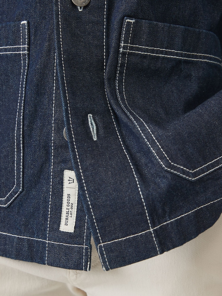 Dark Blue Denim 100% Cotton Chore Shacket Overshirt - Image 8 of 9