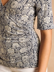 Joules Nia Blue Wrap Front Jersey Top - Image 4 of 8