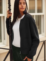 Black Zip Through Bomber Knitted Cardigan Jacket - Image 1 of 7