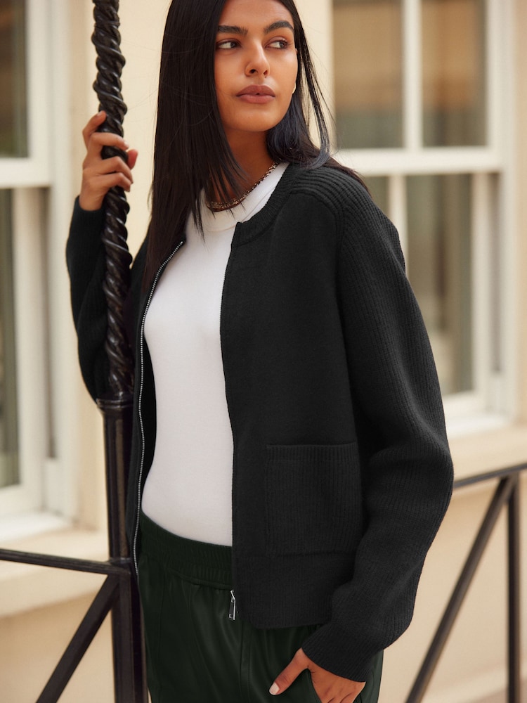 Black Zip Through Bomber Knitted Cardigan Jacket - Image 1 of 7