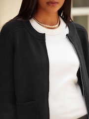 Black Zip Through Bomber Knitted Cardigan Jacket - Image 5 of 7