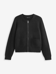 Black Zip Through Bomber Knitted Cardigan Jacket - Image 6 of 7