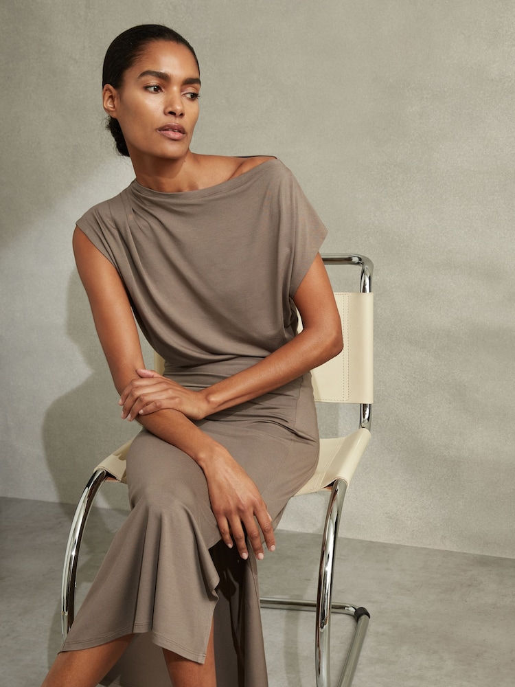 Reiss Mocha Leonore Ruched Jersey Midi Dress - Image 1 of 6