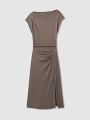 Reiss Mocha Leonore Ruched Jersey Midi Dress - Image 2 of 6