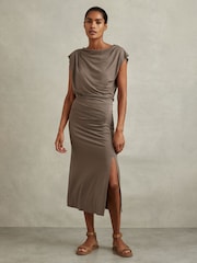 Reiss Mocha Leonore Ruched Jersey Midi Dress - Image 3 of 6