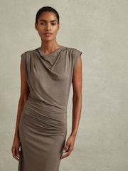 Reiss Mocha Leonore Ruched Jersey Midi Dress - Image 4 of 6