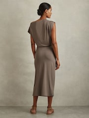 Reiss Mocha Leonore Ruched Jersey Midi Dress - Image 5 of 6