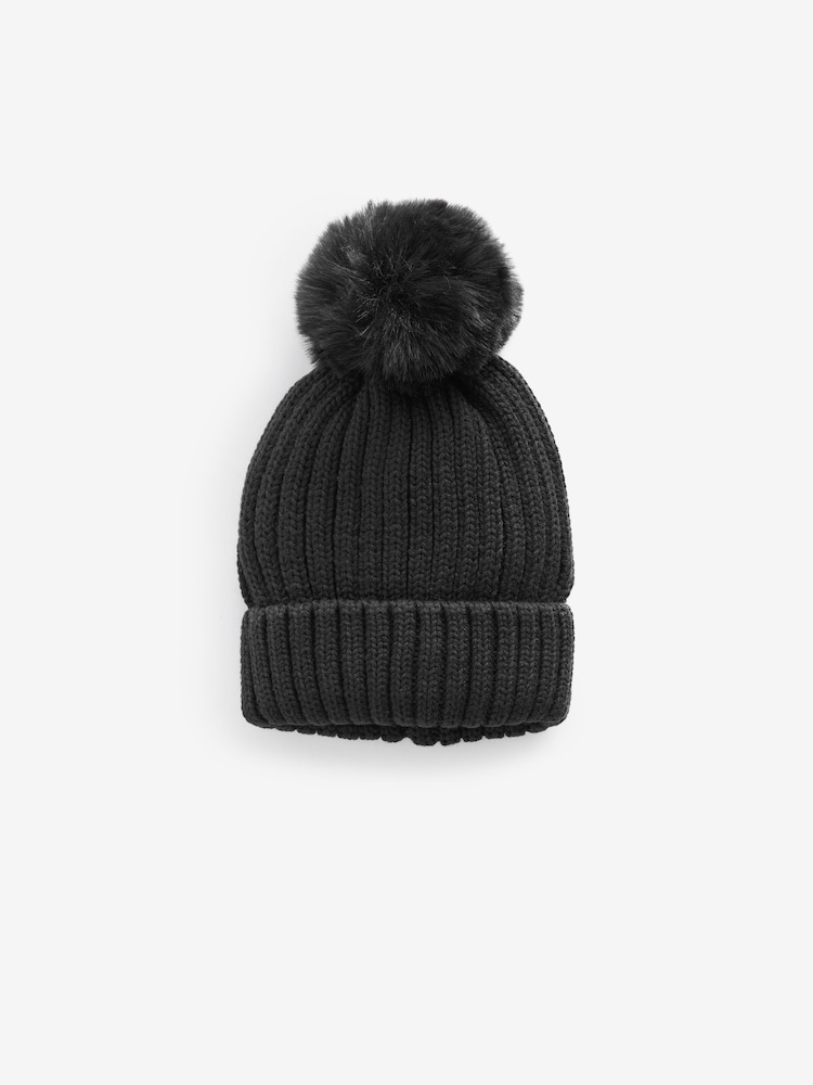 Black Rib Pom Beanie Hat (3mths-10yrs) - Image 2 of 4 Black Rib Pom Beanie Hat (3mths-10yrs) - Image 2 of 4