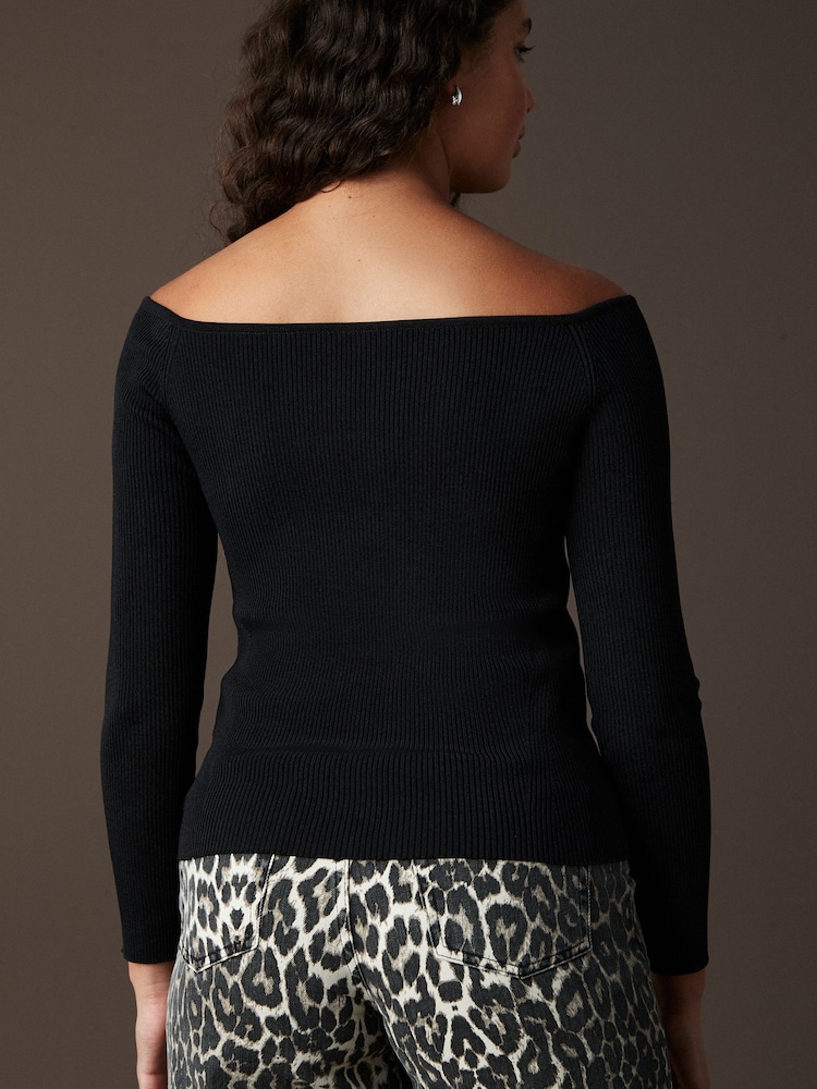 Black Bardot Off The Shoulder Fitted Rib Knitted Jumper Top - Image 2 of 5