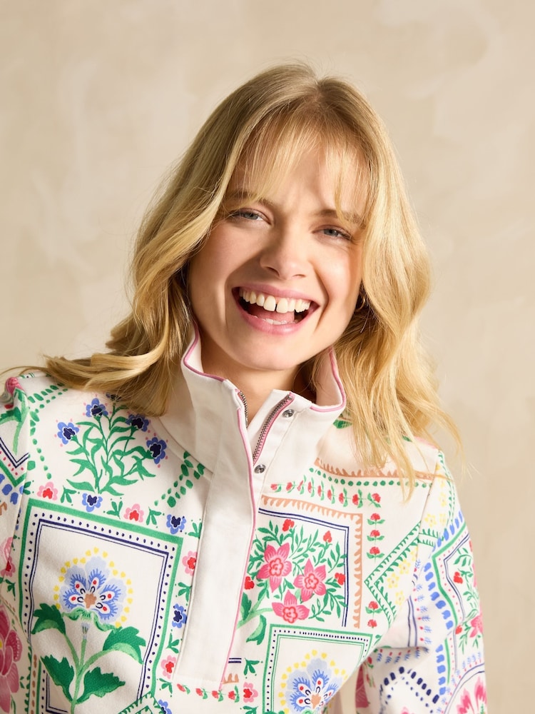 Joules Burnham Cream Tile Print Cotton Funnel Neck Quarter Zip Sweatshirt - Image 5 of 8