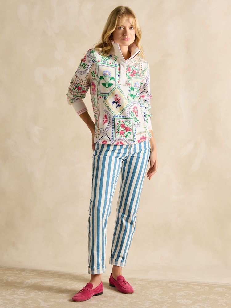 Joules Burnham Cream Tile Print Cotton Funnel Neck Quarter Zip Sweatshirt - Image 6 of 8