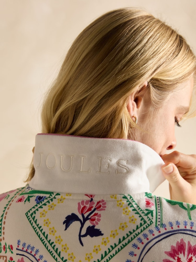 Joules Burnham Cream Tile Print Cotton Funnel Neck Quarter Zip Sweatshirt - Image 7 of 8