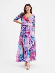 Scarlett & Jo Pink & Purple Floral Elizabeth Print Mesh Maxi Gown - Image 1 of 4