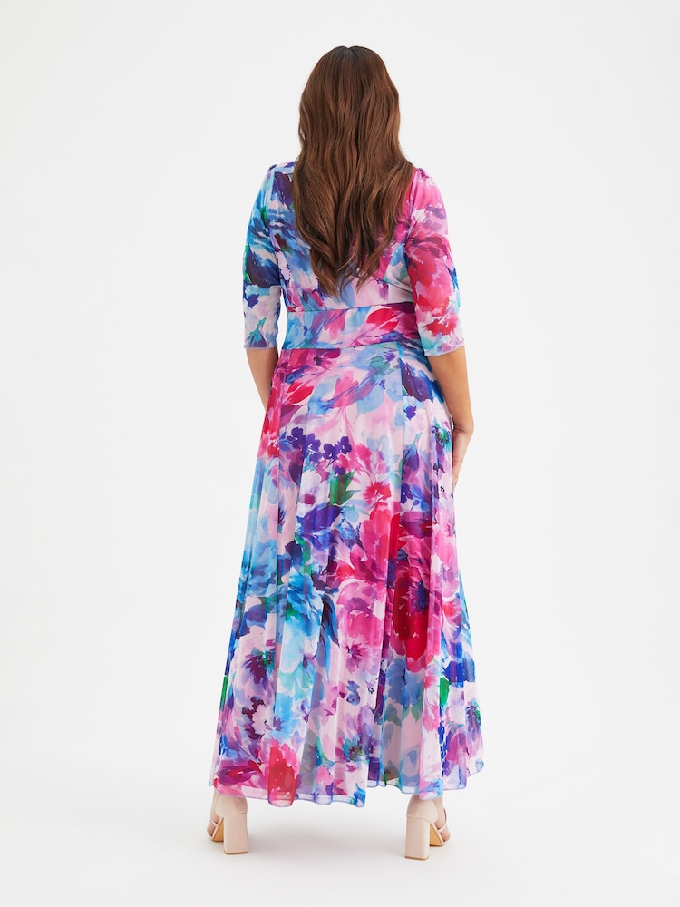 Scarlett & Jo Pink & Purple Floral Elizabeth Print Mesh Maxi Gown - Image 4 of 4