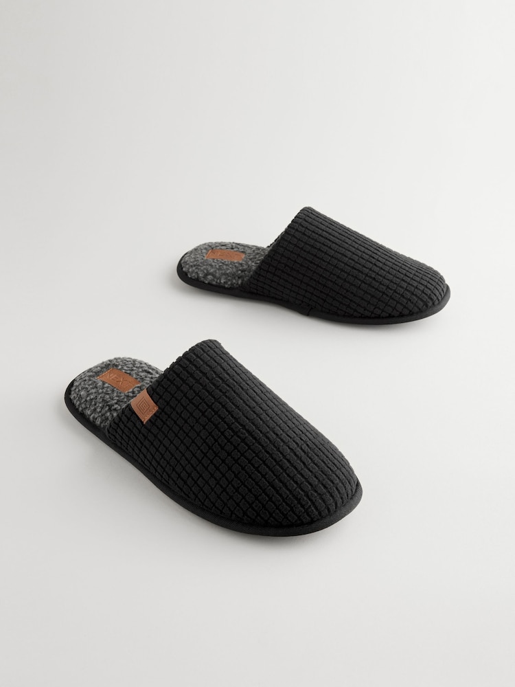 Black Textured Mule Slippers - Image 2 of 6