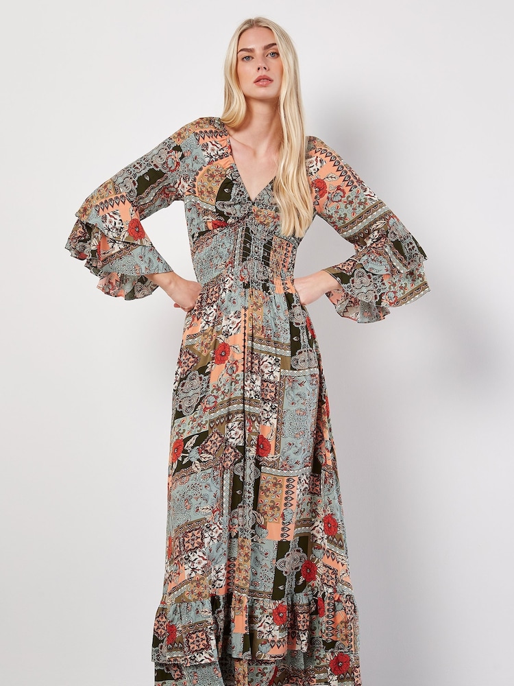 Apricot Multi V-Neck Patchwork Print Maxi Dress - Image 1 of 4 Apricot Multi V-Neck Patchwork Print Maxi Dress - Image 1 of 4
