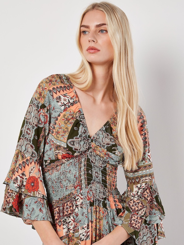 Apricot Multi V-Neck Patchwork Print Maxi Dress - Image 2 of 4 Apricot Multi V-Neck Patchwork Print Maxi Dress - Image 2 of 4