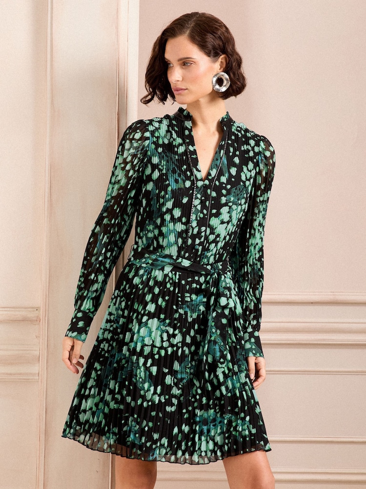 Grün/Verwischt - Love & Roses Plissiertes Minikleid mit PU-Besatz und V-Ausschnitt - Image 1 of 4