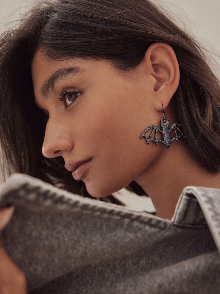 Black Recycled Metal Halloween Bat Drop Earrings - Image 1 of 5