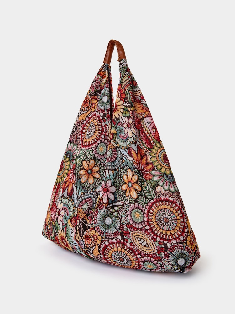 Joe Browns Grey Tapestry Carpet Bag with Leather Handles - Image 2 of 3