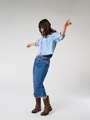 ONLY Blue Denim Midi Skirt With Front Split - Image 1 of 7