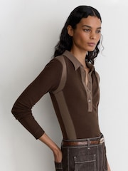 Reiss Chocolate/Mocha Wendy Lyocell-Wool Colour-Block Polo Top - Image 1 of 7