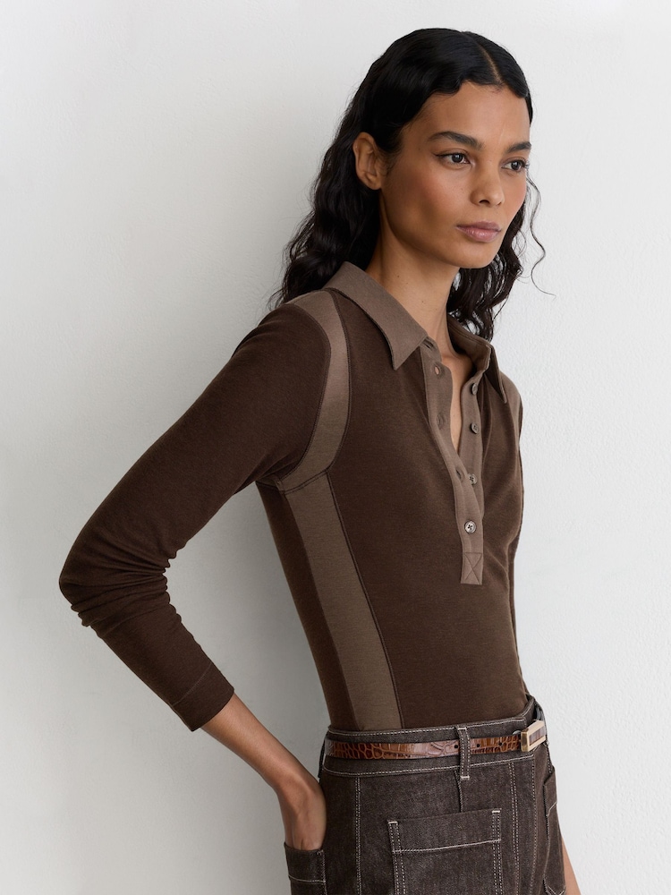 Reiss Chocolate/Mocha Wendy Lyocell-Wool Colour-Block Polo Top - Image 1 of 7 Reiss Chocolate/Mocha Wendy Lyocell-Wool Colour-Block Polo Top - Image 1 of 7