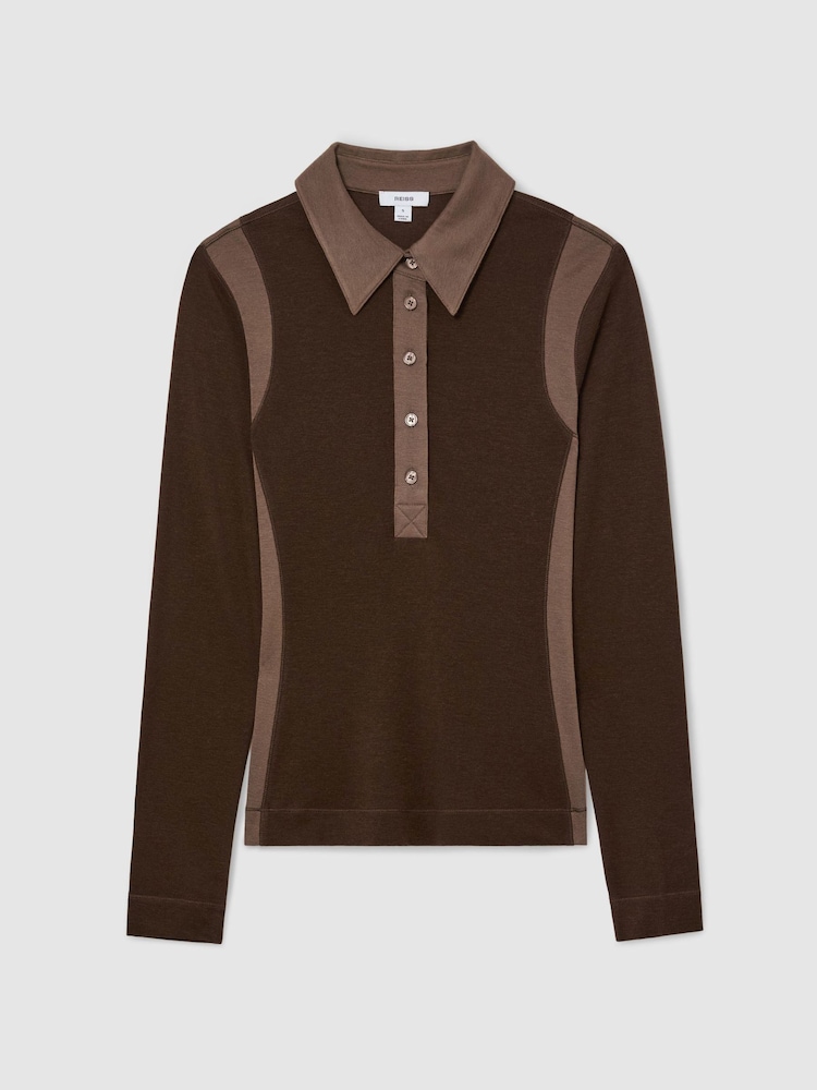 Reiss Chocolate/Mocha Wendy Lyocell-Wool Colour-Block Polo Top - Image 2 of 7 Reiss Chocolate/Mocha Wendy Lyocell-Wool Colour-Block Polo Top - Image 2 of 7