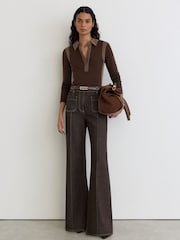Reiss Chocolate/Mocha Wendy Lyocell-Wool Colour-Block Polo Top - Image 3 of 7