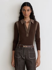 Reiss Chocolate/Mocha Wendy Lyocell-Wool Colour-Block Polo Top - Image 5 of 7